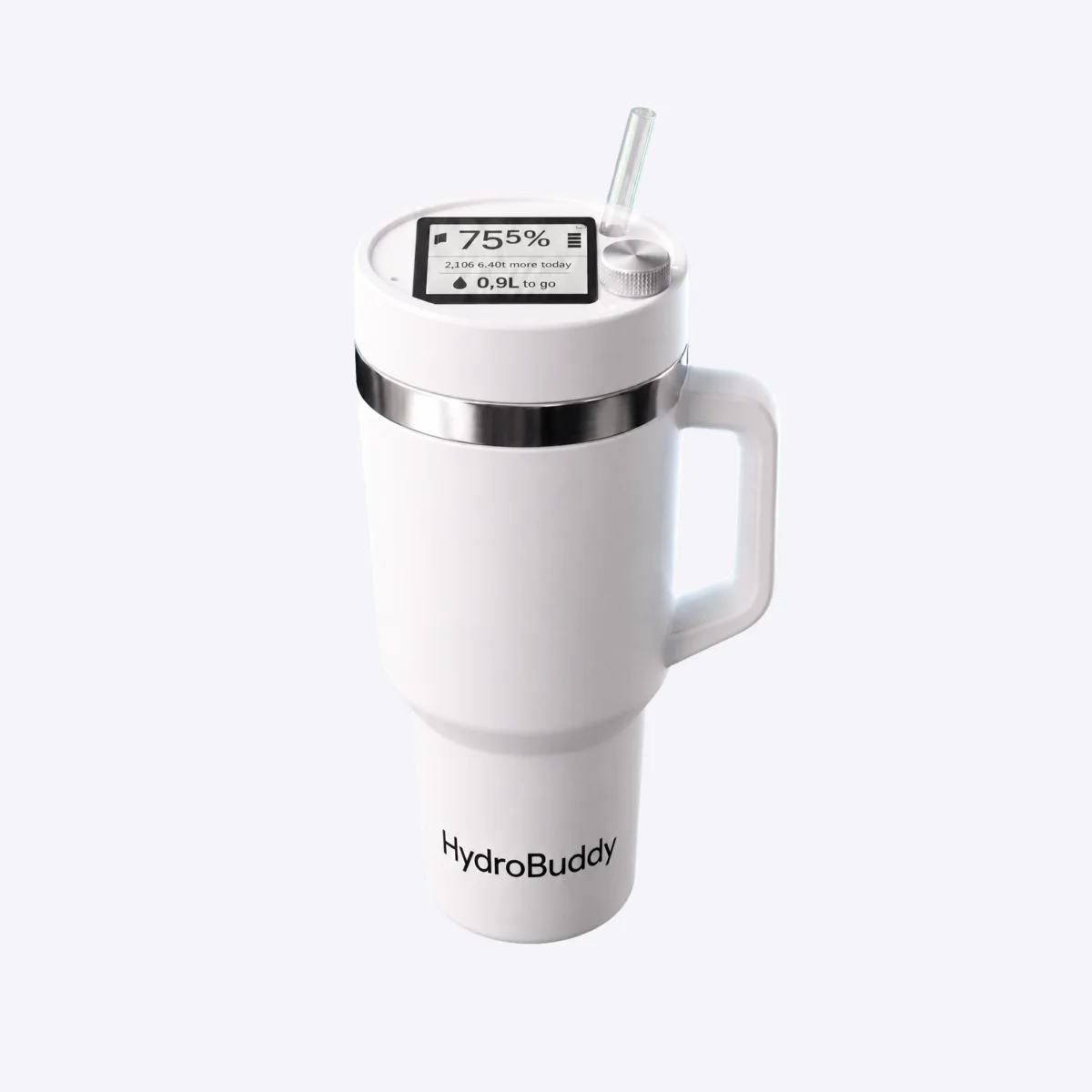 Weißer HydroBuddy-Becher mit Griff, Strohhalm, oberem Display und Drehregler.