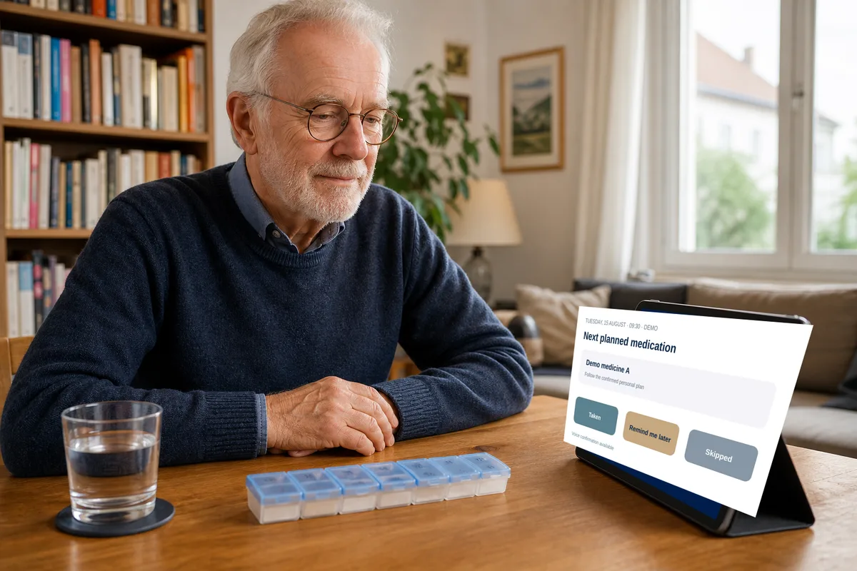 Eine ältere Person prüft eine Medikamentenerinnerung und bestätigt die Routine auf einem Tablet.