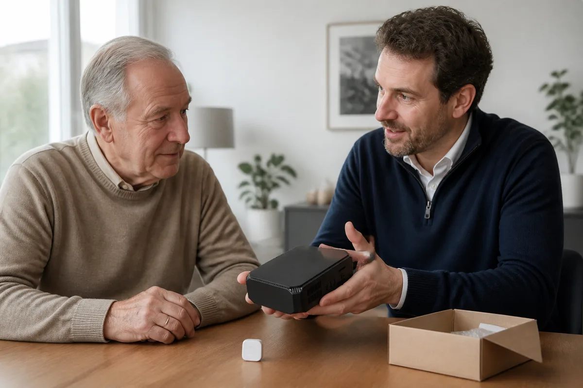 Eine ältere Person beteiligt sich aktiv, während ein Installateur den lokalen VeniHUB-Prototyp und einen kamerafreien Sensor erklärt.