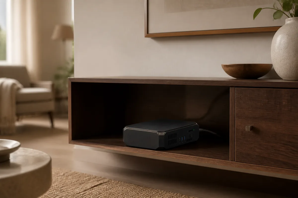 Der kompakte VeniHUB-Prototyp dezent in einem Wohnzimmer-Sideboard installiert.